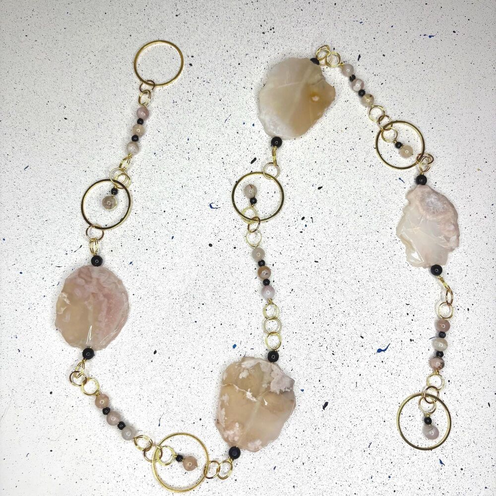 Flower Agate Black Onyx Hanging Polished Agate Slice & Beads Growth Creativity
